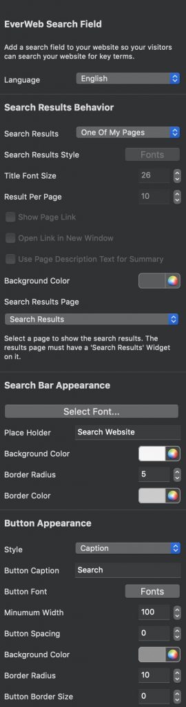 EverWeb Search bar inspector